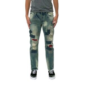 Born Fly Mens The Nassau Denim Regular Fit Boot Cut Jeans Distressed Patches 42